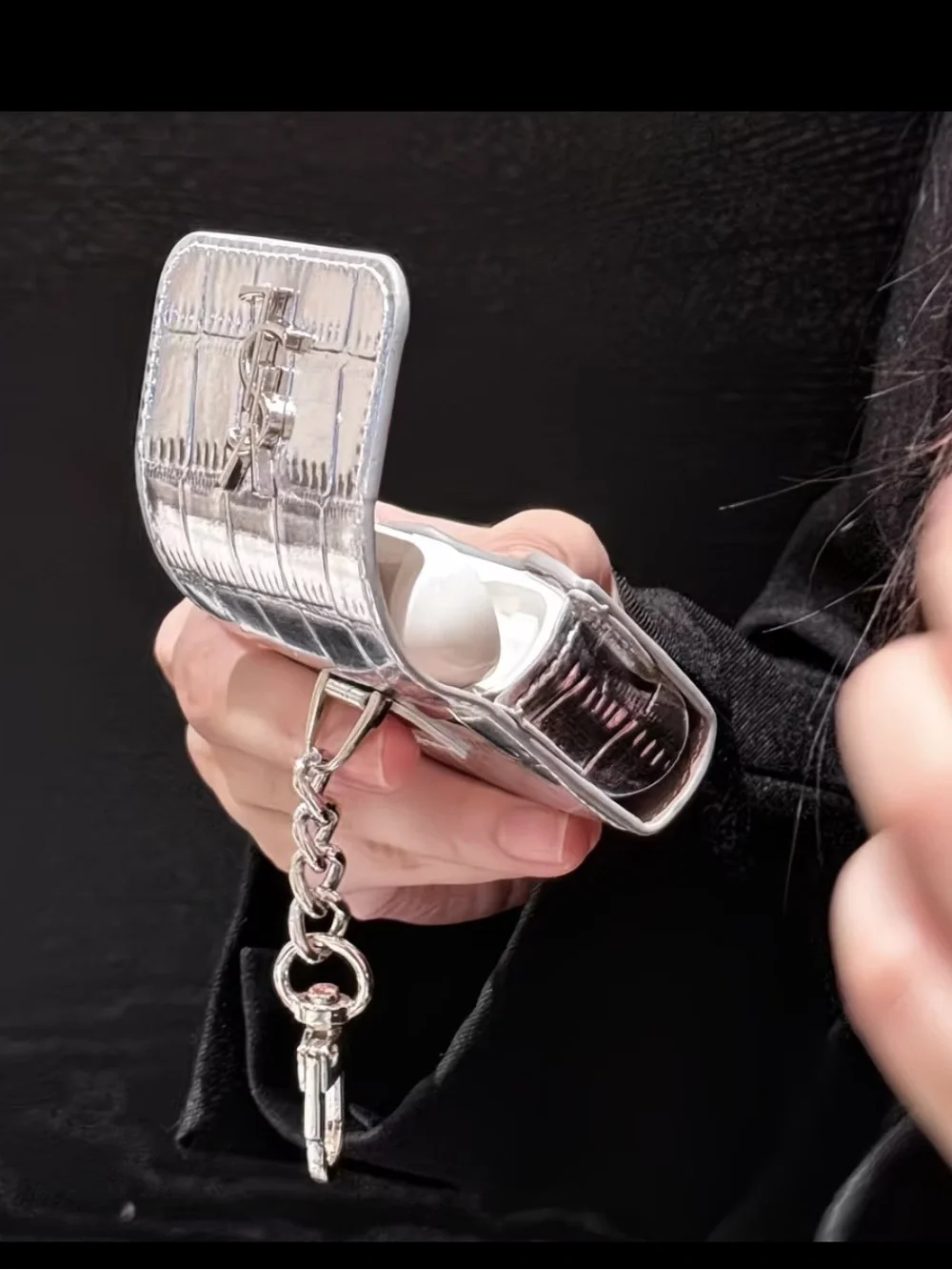 YSL  monogram AirPod case silver